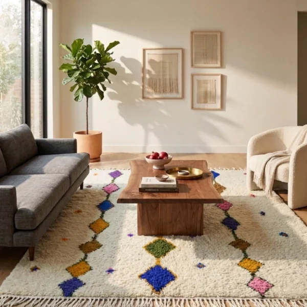 Colorful Azilal Moroccan Wool Rug 3 Handmade colorful Azilal Moroccan wool rug with traditional Amazigh geometric patterns by ASBED Cooperative