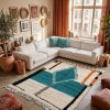 Modern abstract blue Moroccan rug styled in a bohemian living room setup