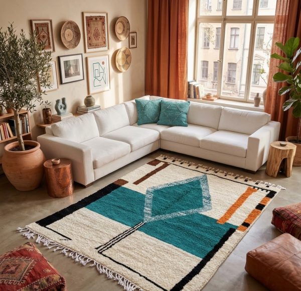 Modern abstract blue Moroccan rug styled in a bohemian living room setup